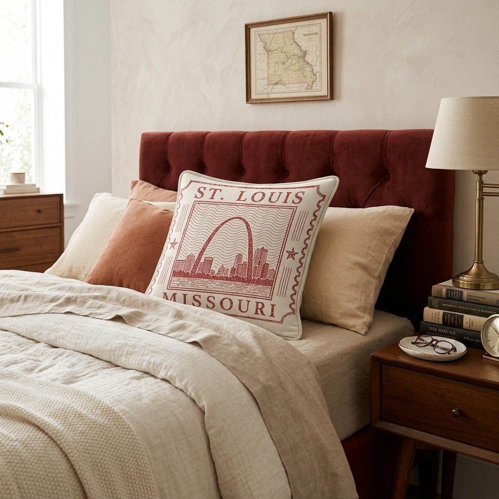 St. Louis Travel Stamp Throw Pillow - Benton Lane Home - Hillcroft Home