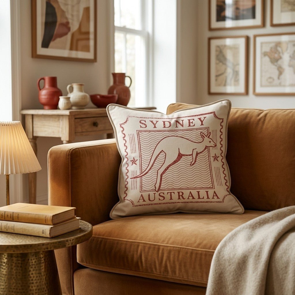 Sydney Travel Stamp Throw Pillow - Benton Lane Home - Hillcroft Home