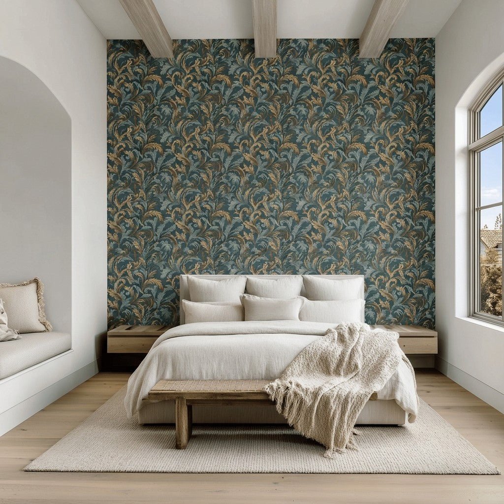 Verdigris Plume Faux Grasscloth Wallpaper - Painted Paper