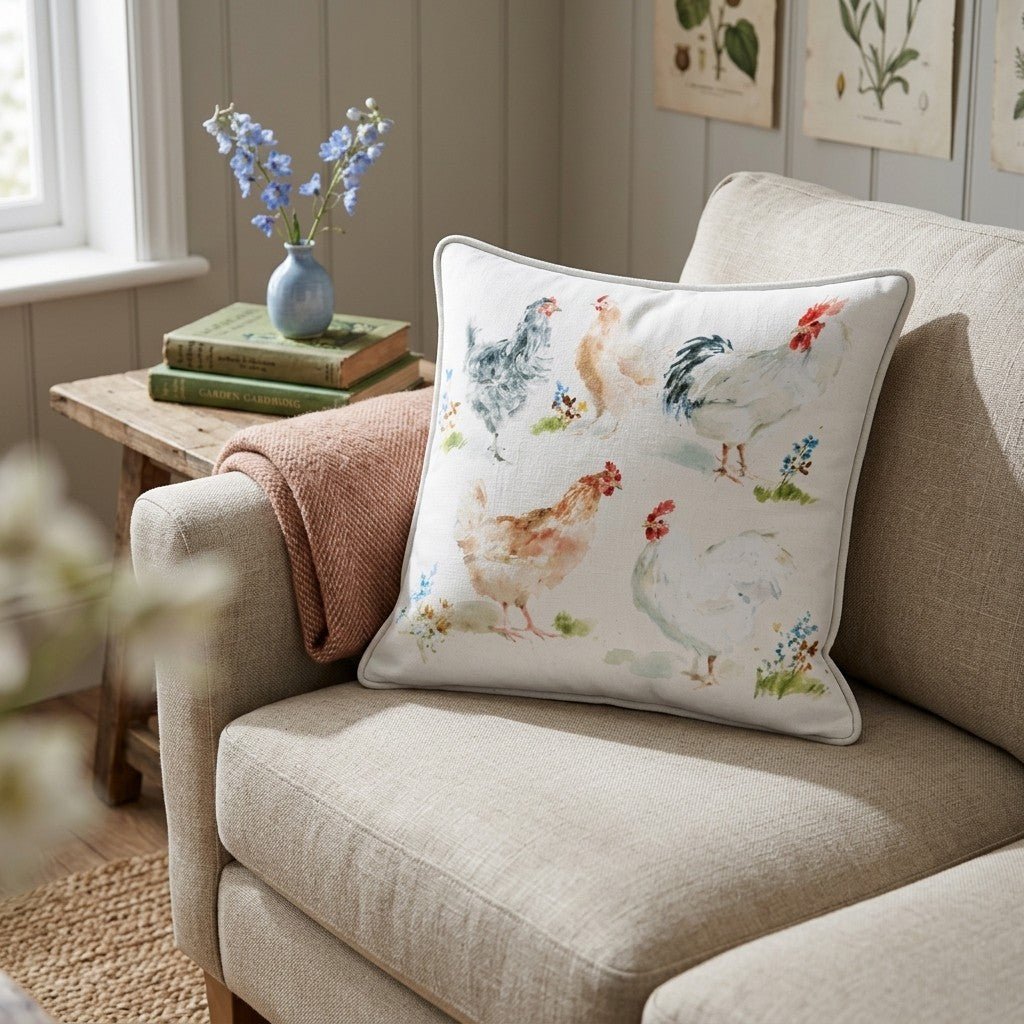 Watercolor Chickens Throw Pillow - Benton Lane Home - Hillcroft Home
