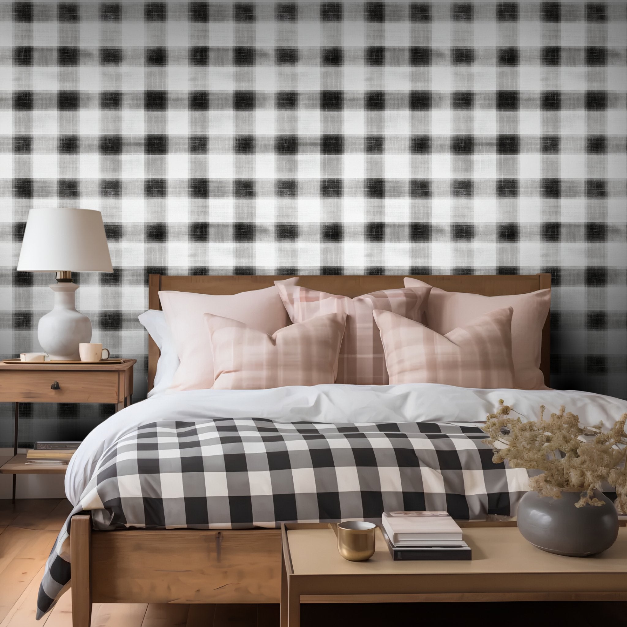 White Canvas Gingham Wallpaper - Painted Paper
